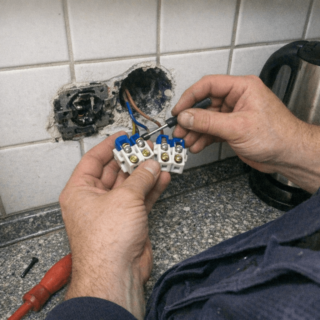 Neue Herdanschlussdose wird an einer gefliesten Küchenwand montiert
