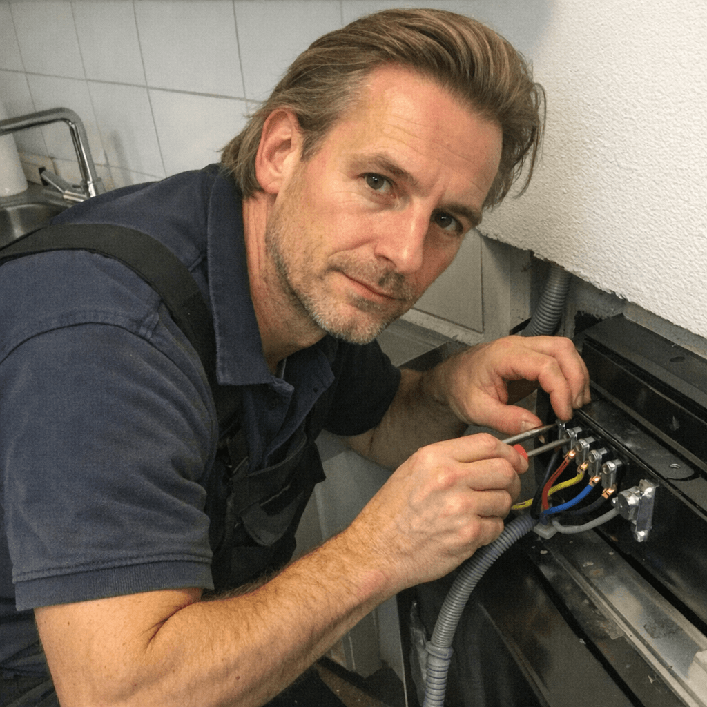 Elektriker prüft die Herdanschlussdose in einer Frankfurter Einbauküche mit Messgerät