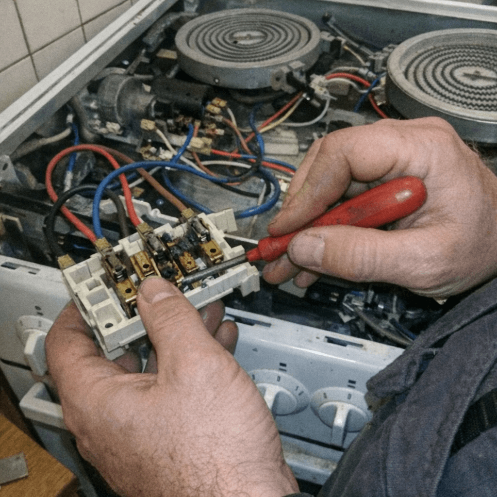 Techniker prüft Kontaktstellen an einem herausgezogenen Standherd