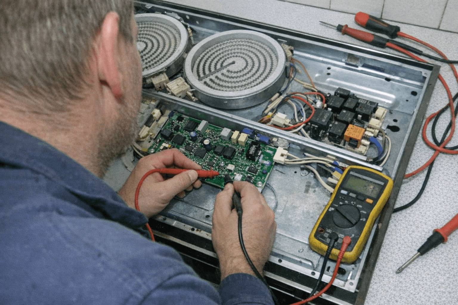 Geöffnetes Kochfeld auf einer Arbeitsplatte während der elektrischen Fehlersuche
