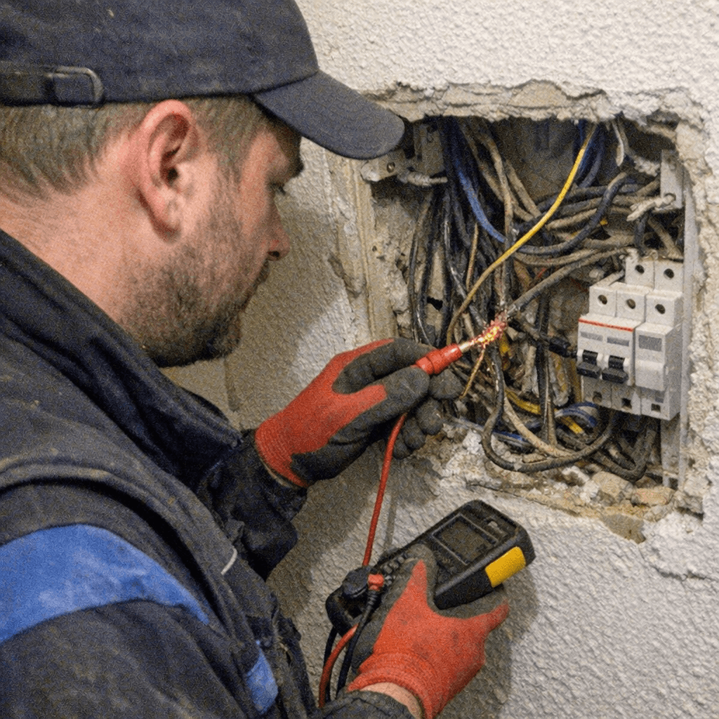 Elektriker misst eine Leitung in einer Küche mit geöffneter Sockelleiste
